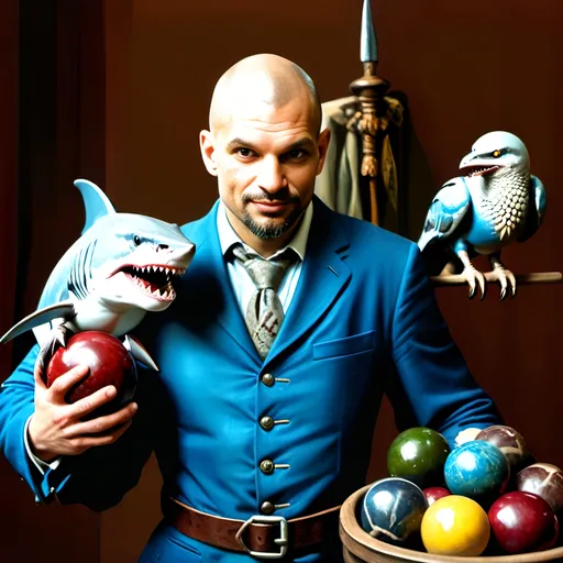 Prompt: (shark in a suit, playing pool), fine art, (pop surrealism) influences, classical painting style, whimsical atmosphere, (detailed textures), vibrant color tones, deep blues and greens, mixed with rich burgundies, engaging composition, pool cues and balls (surreal twist), intricately painted background with elements of artistry, 4K quality, (evocative mood), inspired by 7 Wonders Art Glass Studio, honoring Nuit.