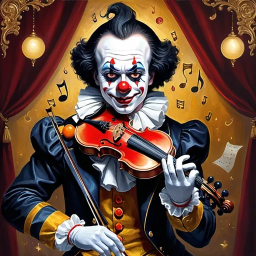 Prompt: a painting of a dark headed male clown with a magical note playing gold violin and a ball in front of him, with a red clown's face painted on it, magical ambiance, friendly, highly detailed digital painting, an ultrafine detailed painting.  Add Renaissance background.  Adorn with mystic florals.  Add sun influences.  Add influences of the God Nuit in the following manner.  