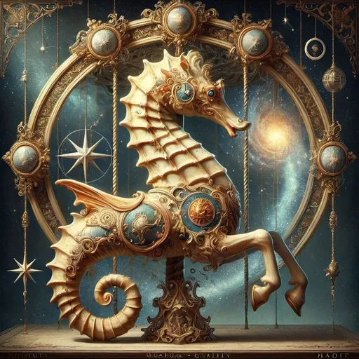 Prompt: (sea horse on a stand), surrounded by (ornate decorations and shimmering stars), with a large (radiant star in the background), inspired by (Donato Giancola's style), (vibrant colors), (fantasy art), intricate details, (whimsical atmosphere), (dreamy ambiance), (4K), (ultra-detailed painting), capturing magic and wonder.