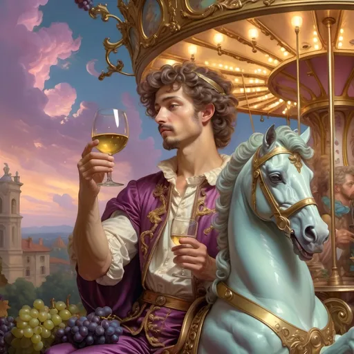 Prompt: (renaissance style painting) Bacchus holding a glass of wine and a candle, vibrant grapes around, on a whimsical carousel, (baroque elegance), (highly detailed) digital art by Donato Giancola, soft pastel color scheme, ethereal lighting, enchanting atmosphere, dreamy background with swirling clouds, (4K resolution), ultra-detailed digital rendering.