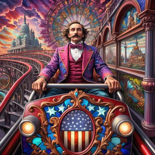 Prompt: (psychedelic art style), magicians riding a roller coaster, vibrant color scheme, whimsical atmosphere, capturing surprise photos,  intricate fine details, amusement park titled "Liberty Park" in D.C., stunning stained glass coaster, fantastical clouds floating, kaleidoscopic visuals, surreal happiness, exciting energy, high contrast colors, ultra-detailed, dreamlike scenery, bountiful whimsy, inviting yet thrilling ambiance.