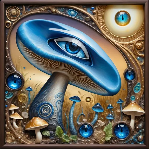 Prompt: a 7 Wonders Art Glass Studio masterpiece oil painting (honoring Nuit) of a magical mushroom with a blue shell and a blue eye on it's face (Eye of Horus)