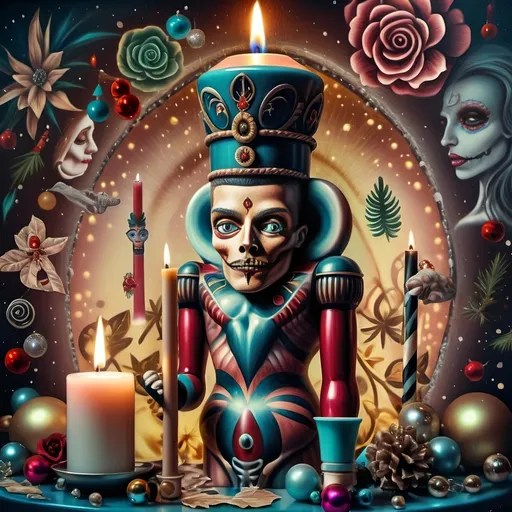 Prompt: (nutcracker), (candle and candle holder), surrounded by (Christmas decorations), (psychedelic art style), (vibrant color scheme), (extremely detailed), (oil painting), (airbrush painting), inspired by (Anne Stokes), (pop surrealism), dynamic patterns and textures, warm and festive ambiance, high-quality artistry, rich hues melding into each other, whimsical elements drawing viewers in, enchanting holiday spirit, magical atmosphere.