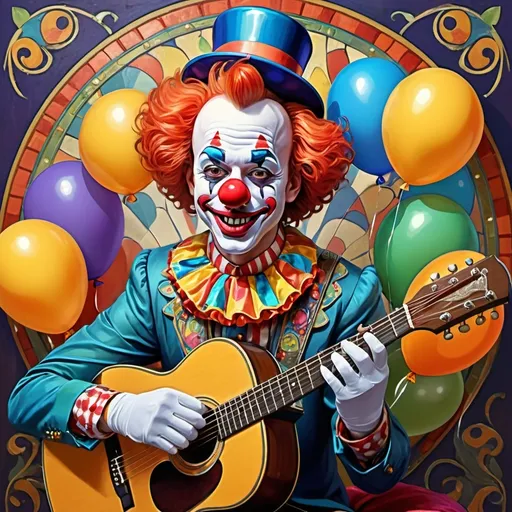 Prompt: (clown with a guitar and balloons on his head), (Art Nouveau style), (vibrant color scheme), highly detailed digital painting, (ultrafinest brushwork), wearing a flamboyant clown costume, expressive facial features, playful pose, intricately designed balloons, ornate background with flowing patterns, whimsical atmosphere, colorful accents, rich textures, (4K resolution), capturing the essence of joy and creativity.