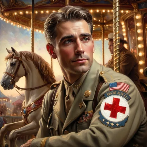 Prompt: (artistic oil painting of a Carousel of Heroes), a man in (neatly pressed uniform) standing proudly beside a majestic horse, illuminated carousel in the background with sparkling lights, capturing a nostalgic American scene, reminiscent of Edwin Georgi’s style, infused with Thomas Kinkade’s signature warmth, vibrant colors, intricate details, (masterpiece), enchanting ambiance, captivating (light effects), ultra-detailed.