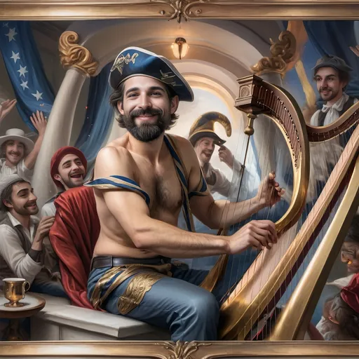 Prompt: (honoring Nuit) oil painting, (Ditlev Blunck style), neoclassical aesthetics, classical painting, flemish Baroque influence, a man with a beard holding a harp, a cup of wine, a golden cup beside him, capturing a mortal honoring the God Pan, rich colors, warm lighting, stunning detail, ethereal ambiance, 4K, ultra-detailed masterpiece, surrounded by a serene, heavenly setting.