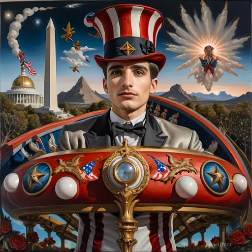 Prompt: (Acrylic painting of a magician man), wearing a (patriotic top hat), joyfully riding a (whimsical rollercoaster) in Liberty Park, with (HD details), vibrant colors, and enchanting motifs. The scene features the (Washington Monument) in the background, as well as the phrase (accurately spelled text "Yankee Doodle"). An aura of celebration and magic surrounds the image, honoring Nuit and the Aeon of Horus.