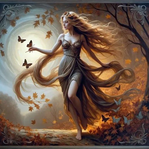 Prompt: (Honoring Nuit, Autumn Equinox), (Renaissance style), woman depicted as nature, flowing dress, butterfly in hair, rich and dark color palette, lush foliage backdrop, mood of serenity and mystery, intricate details in hair and dress, soft chiaroscuro lighting, evocative atmosphere, ultra-detailed, masterful composition, capturing the essence of autumn transition.