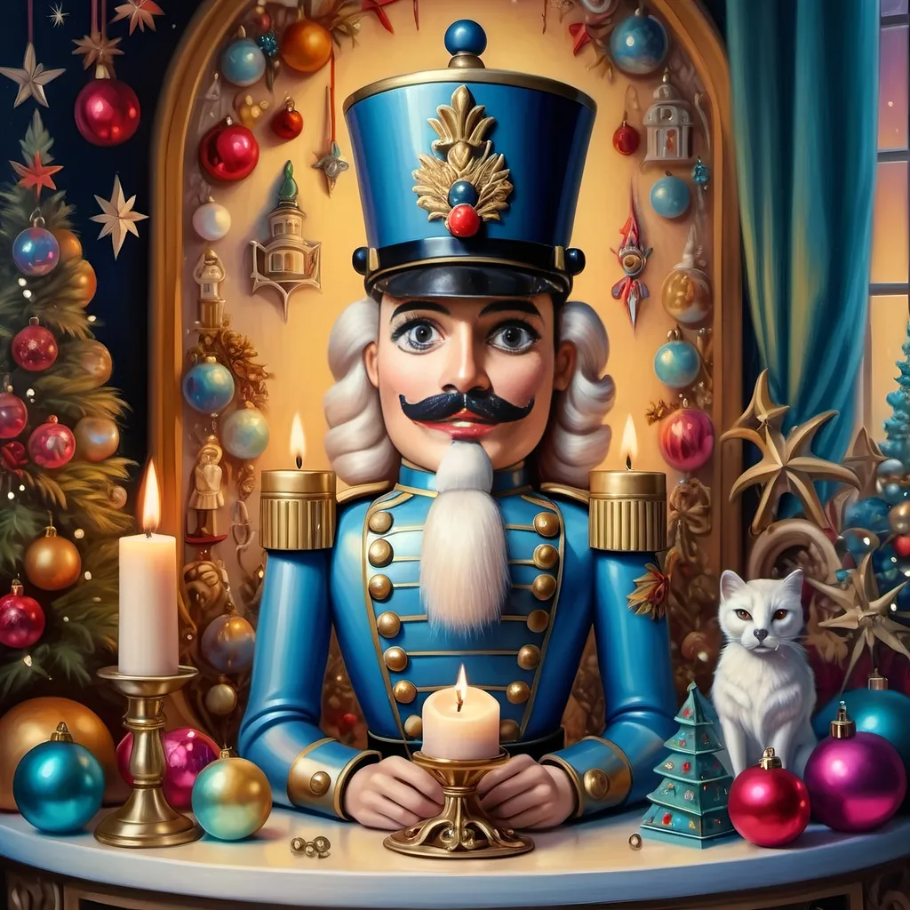 Prompt: a nutcracker with a candle and a candle holder in front of it, surrounded by christmas decorations, Anne Stokes, pop surrealism, extremely detailed oil painting, an airbrush painting