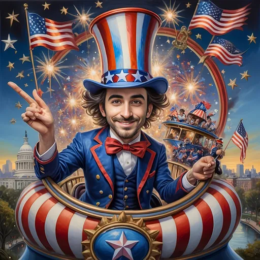 Prompt: (A patriotic painting), vibrant colors, a whimsical magician wearing a (top hat), joyfully riding a rollercoaster adorned with flags and stars, set against the backdrop of Liberty Park, enchanting atmosphere, the influence of Nuit depicted through sparkling glass elements, intricate details, dynamic motion, surrealist style, ultra-detailed, high quality, dreamlike ambiance, showcasing artistic expression in fusion with patriotic themes.