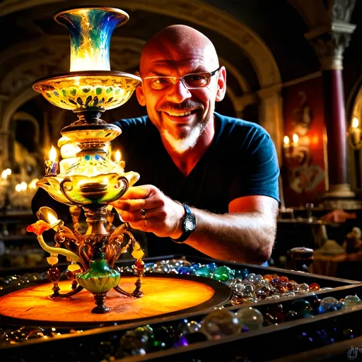 Prompt: (Baroque style) Glass Artisan and Magician, (vibrant colors), man wearing a magical top hat, carefully constructing enchanting magical lights in an intricate chandelier. Lush workshop setting, blending the magic of the real world with Murano’s artistry, (Venice), surrounded by stunning glass artworks, dramatic shadows, and a cozy ambiance, (ultra-detailed).