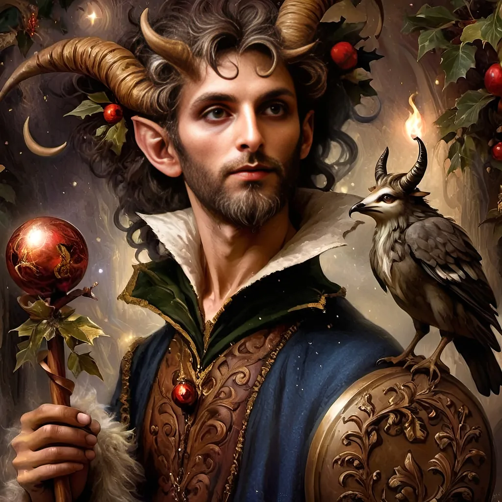 Prompt: A (captivating) oil painting depicting a (mysterious magician) with a (horned head), a (bird perched gracefully on his shoulder), holding a (beautifully crafted cane) and an (orb in his hand), beautifully capturing themes of (fantasy) and (transformation). Character portrait-style, influenced by (Clint Cearley's) signature artistry, with ethereal hues and (vivid detailing) honoring the legendary figures of (Pan and Nuit), set against a dreamy, (surreal background) that evokes wonder.