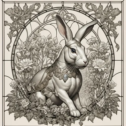 Prompt: A Seven Wonders Art Glass Studio (SWAG) window pattern with a rabbit and flowers in it, and a sunburst above it, and a stained glass window with flowers and leaves, Beatrix Potter, art nouveau, intricate linework, lineart.  (Honoring Nuit)