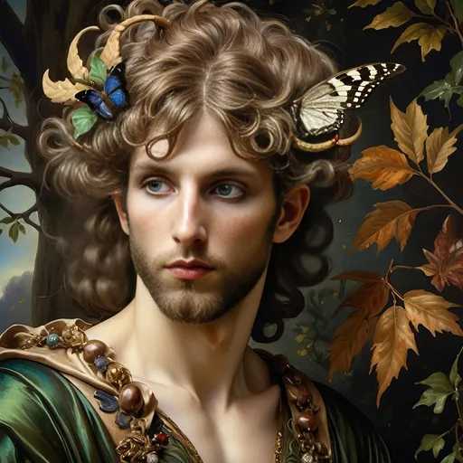 Prompt: (Honoring Nuit, Autumn Equinox), (Renaissance style), woman depicted as nature, flowing dress, butterfly in hair, rich and dark color palette, lush foliage backdrop, mood of serenity and mystery, intricate details in hair and dress, soft chiaroscuro lighting, evocative atmosphere, ultra-detailed, masterful composition, capturing the essence of autumn transition.