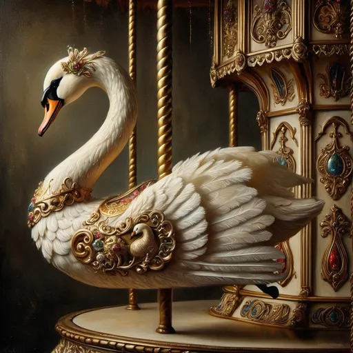 Prompt: (white swan), elegantly perched on a spinning carousel, adorned with a (regal crown) and a shimmering (gold chain) around its neck, intricate details, (Anne Stokes) style, enchanting atmosphere, lush and magical background, capturing the whimsy of pop surrealism, luxurious and vibrant color tones, (highly detailed oil painting), an exquisite masterpiece, (ultrafine detailed painting).