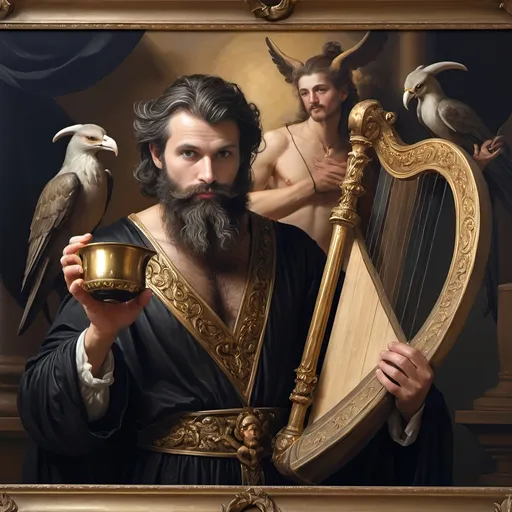 Prompt: (oil painting) Honoring Nuit, a man with a (wisdom-filled beard) holding a harp and a (rich) cup of wine, next to a (gilded golden cup), Ditlev Blunck's artisanal touch, (neoclassical elegance) with (Flemish Baroque influences). The atmosphere reflects reverence and beauty, drenched in (warm, golden tones), evoking the essence of a (divine encounter) that captures a mortal honoring the God Pan. Ultra-detailed, quintessential classical painting.