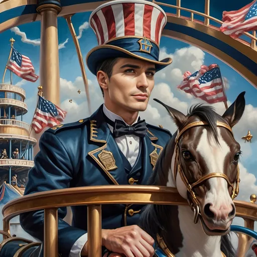 Prompt: (Acrylic painting of a magician man), wearing a (patriotic top hat), joyfully riding a (whimsical rollercoaster) in Liberty Park, with (HD details), vibrant colors, and enchanting motifs. The scene features the (Washington Monument) in the background, as well as the phrase (accurately spelled text "Yankee Doodle"). An aura of celebration and magic surrounds the image, honoring Nuit and the Aeon of Horus.