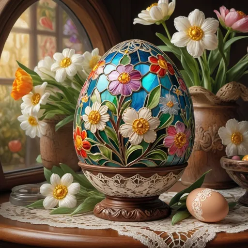 Prompt: (vibrant stained glass style), (decorated Easter egg), floral patterns, delicately painted flowers, lace doily on a wooden table, intricate details, Clara Peeters influence, folk art aesthetics, luminous colors, highly detailed, rich texture, warm ambiance, captivating atmosphere, ultra-detailed oil painting, exquisite craftsmanship, traditional themes, soft lighting, artistic masterpiece.