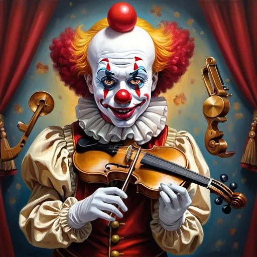 Prompt: a painting of a clown with a gold violin and a ball in front of him, with a red clown's face painted on it, magical ambiance, friendly, highly detailed digital painting, an ultrafine detailed painting.  Add Renaissance background.  Adorn with mystic florals