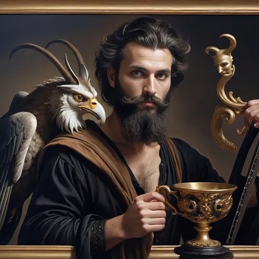 Prompt: (oil painting) Honoring Nuit, a man with a (wisdom-filled beard) holding a harp and a (rich) cup of wine, next to a (gilded golden cup), Ditlev Blunck's artisanal touch, (neoclassical elegance) with (Flemish Baroque influences). The atmosphere reflects reverence and beauty, drenched in (warm, golden tones), evoking the essence of a (divine encounter) that captures a mortal honoring the God Pan. Ultra-detailed, quintessential classical painting.