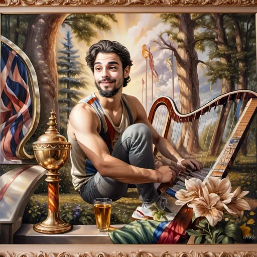 Prompt: (Seven Wonders Art Glass Studio), oil painting, (honoring Nuit), a man with a beard, holding a harp, glass of wine, golden cup beside him, (Ditlev Blunck), neoclassicism, classical painting, Flemish Baroque style, high detail, rich colors, warm glowing light, serene atmosphere, capturing tradition and reverence, elegant background with ethereal elements, ultra-detailed composition, masterful artistry.