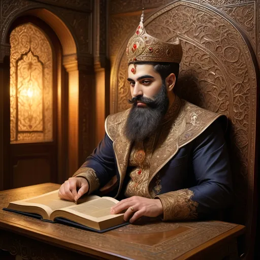 Prompt: (Altoon Sultan inspired art), (Qajar style), (Elegant Art Nouveau), a (graceful demon with a beard), seated elegantly at an (exquisitely crafted wooden table), richly adorned with intricate carvings, an (ancient book) lying open, surrounded by (highly detailed patterns), warm golden lighting casting soft shadows, (ultra-detailed), atmospheric and serene ambiance inviting intrigue.