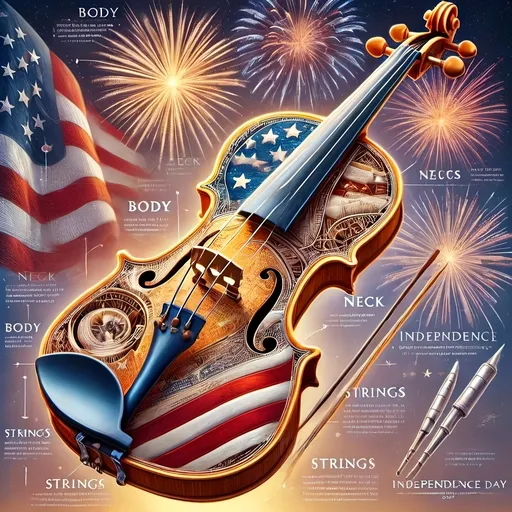 Prompt: (accurately spelled text "the violin is a symbol of the united states of the united states, Americo Makk, american romanticism"), (violin), renaissance style, (highly detailed digital art), fireworks background, pastel color scheme, vibrant hues, dynamic composition, patriotic theme, emotional ambiance, subtle elegance, masterful rendering, ultra-detailed, cinematic depth, art piece rich in symbolism.