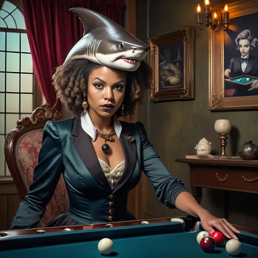 Prompt: (shark in a suit, playing pool), fine art, (pop surrealism) influences, classical painting style, whimsical atmosphere, (detailed textures), vibrant color tones, deep blues and greens, mixed with rich burgundies, engaging composition, pool cues and balls (surreal twist), intricately painted background with elements of artistry, 4K quality, (evocative mood), inspired by 7 Wonders Art Glass Studio, honoring Nuit.