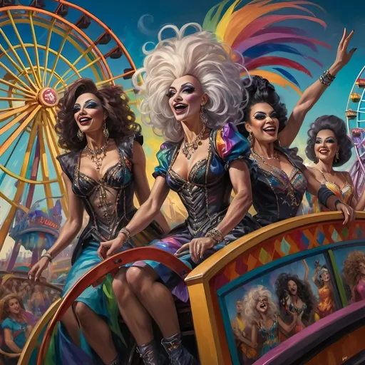 Prompt: (Honoring Nuit), a vibrant painting of a group of drag queens, joyfully riding a roller coaster, colorful outfits flowing in the wind, beaming expressions, a dazzling ferris wheel in the background, a striking rainbow extension painted on the side, lively amusement park atmosphere, bright tones, fantastical mood, high detail, mesmerizing and dynamic composition, perfect for celebrating diversity and joy.