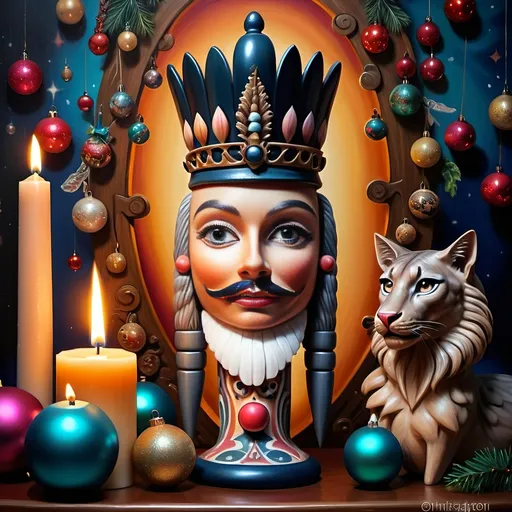 Prompt: (nutcracker), (candle and candle holder), surrounded by (Christmas decorations), (psychedelic art style), (vibrant color scheme), (extremely detailed), (oil painting), (airbrush painting), inspired by (Anne Stokes), (pop surrealism), dynamic patterns and textures, warm and festive ambiance, high-quality artistry, rich hues melding into each other, whimsical elements drawing viewers in, enchanting holiday spirit, magical atmosphere.