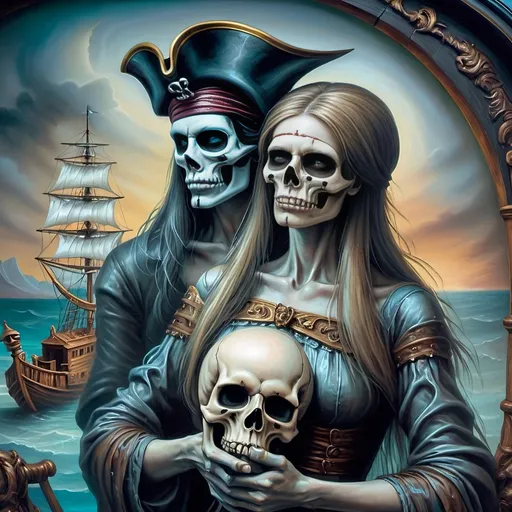 Prompt: (7 Wonders Art Glass Studio) Renaissance (oil painting) masterpiece, capturing the essence of honor and adventure, featuring a detailed portrayal of a pirate man and his lover dressed in Conquistador-era pirate costumes, gracefully posed in front of a majestic ship adorned with a skull, vibrant colors, dramatic lighting, highly detailed, fantastical elements, inspired by David Macaulay, showcasing the rich textures of oil paint, true artistry.