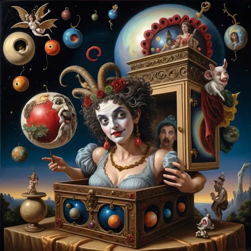 Prompt: (Renaissance oil painting), a stunning masterpiece capturing the essence of the Goddess Nuit, a whimsical Jack-in-the-Box emerging in ornate attire, sewing the seeds of the universe, planets swirling around, vibrant cosmic colors illuminating the canvas, intricate details, rich textures, playful yet profound ambiance, 4K ultra-detailed, an extraordinary blend of mythology and creativity celebrating the act of creation in a mystical setting.