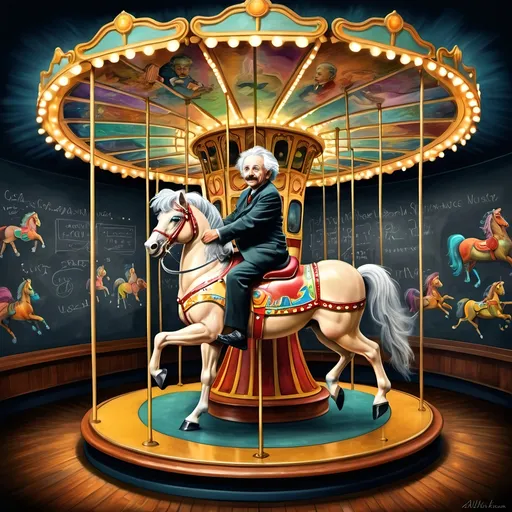 Prompt: (Art Deco style), (Carousel of Science), vibrant color scheme, painting of Albert Einstein, sitting on a carousel horse, chalkboard in the background, whimsical yet analytical ambience, highly detailed digital painting, ultrafine details, imaginative composition, dynamic contrasts, playful elements, captivating atmosphere, influences of Albert Kotin, celebration of science and creativity, HD quality.