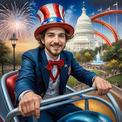 Prompt: (A Seven Wonders Art Glass Studio masterpiece) painting of a man wearing a patriotic hat, (thrilling pose) riding the Freedom rollercoaster, (vibrant colors), scenic background of Freedom Park in D.C., (dynamic movement), celebrating freedom, eternal spark of joy, whimsical ambiance, soft warm lighting, highly detailed, clarity, engaging and joyful atmosphere, surrounded by delighted visitors, landmarks in the distance.