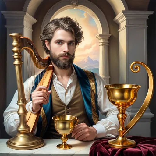 Prompt: (Seven Wonders Art Glass Studio), oil painting, (honoring Nuit), a man with a beard, holding a harp, glass of wine, golden cup beside him, (Ditlev Blunck), neoclassicism, classical painting, Flemish Baroque style, high detail, rich colors, warm glowing light, serene atmosphere, capturing tradition and reverence, elegant background with ethereal elements, ultra-detailed composition, masterful artistry.