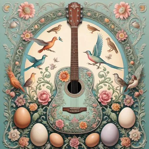 Prompt: (artstyle-renaissance) poster design, (pastel color scheme), centerpiece guitar, surrounded by decorative elements, exquisite eggs, (delicate birds), vibrant flowers, inspired by Ernst Haeckel, rich folk art details, (elaborate) design touches, influences of Flemish Baroque, (elegant composition), soft lighting, (ethereal vibe), ultra-detailed, high quality