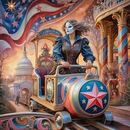 Prompt: (Renaissance oil on canvas), (Art Nouveau style), (pastel color scheme), enchanting amusement park titled “Liberty Park” in D.C., magical and whimsical atmosphere, intricate fine details, vibrant rides themed around Americana and patriotism, spectacular stained glass roller coaster, woman magician in a striking mask, elegantly poised in the first car, dreamy surroundings, enchanting woods in the background, (ultra-detailed, HD).