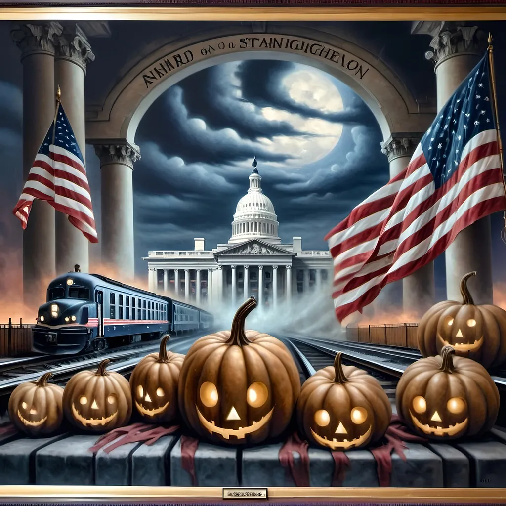 Prompt: (Honoring Nuit), (Union Station, Washington D.C), patriotic Fall Equinox, dark color scheme, psychedelic artstyle, still life composition, pumpkins, a train on the tracks, American flag prominently displayed, rich textures, deep hues of crimson and navy, dramatic lighting, reminiscent of Renaissance and Baroque works, museum quality, ultra-detailed, captivating ambiance of patriotism and nostalgia, exquisite oil on canvas painting.