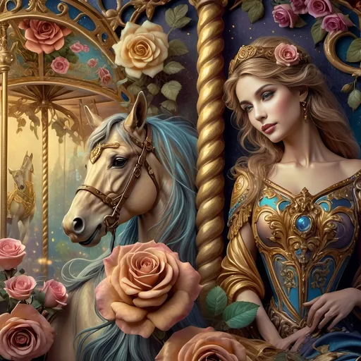 Prompt: Art Nouveau Carousel scene, (elegant woman with horse), (vibrant roses), soft pastel color scheme, (hues of gold and azure), romantic and whimsical atmosphere, detailed decorative elements, intricate designs, enchanting background featuring the (beautiful carousel), ethereal lighting, showcasing the beauty of Nuit, (ultra-detailed, 4K), dreamlike imagery blending nature and artistry.