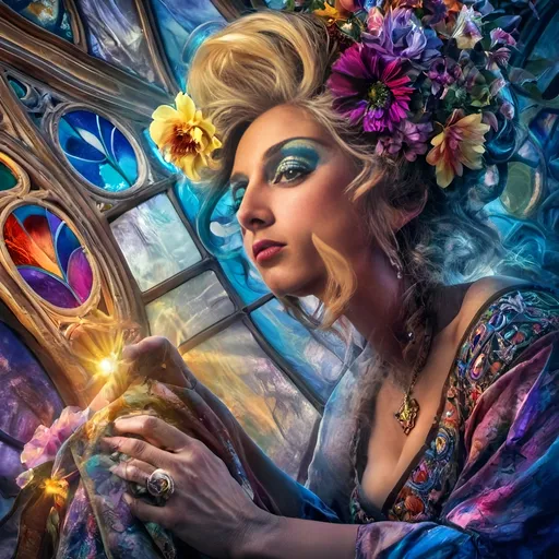 Prompt: (character portrait), (woman in a vibrant colorful dress), (flowers in her hair), intricately designed stained glass window backdrop, inspired by David LaChapelle’s style, rococo elements, richly detailed colors, dramatic light play, ultra-detailed, high resolution, evocative and artistic ambiance, visually captivating composition, promoting beauty and elegance.