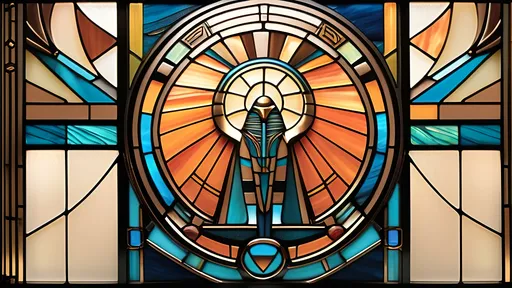 Prompt: A Seven Wonders Art Glass Studio Art Deco Designed Stained Glass window.  Honors the Aeon of Horus as Egyptian Diety in Tiffany Gallery glass copper foil method.  Masterpiece design.