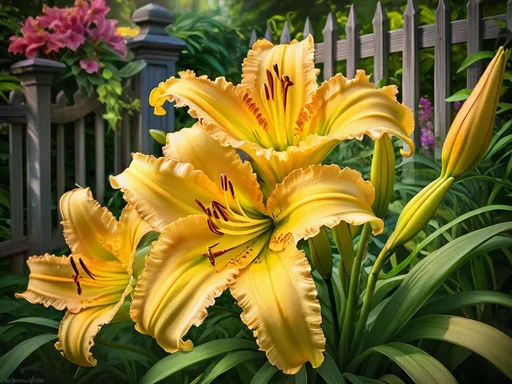 Prompt: (Yellow day Lilly) lush garden area, (intricate fence in the background), enchanting flowers, flourishing blooms, inspired by Dennis Ashbaugh, rococo detailing, flemish Baroque elegance, rich textures, vibrant colors, serene atmosphere, ultra-detailed, botanical masterpiece, (vibrant greenery), cinematic depth, (immersive composition),