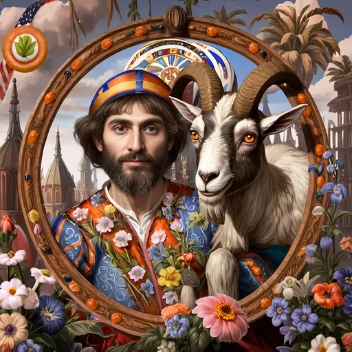 Prompt: A Seven Wonders Art Glass Studio renaissance oil on canvas painting of a man with a goat's head in a circle surrounded by flowers and plants.  Honoring Nuit Spring Equinox 1640