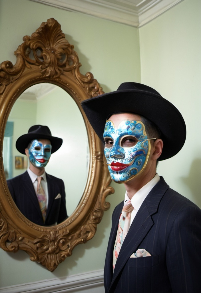 Prompt: a man with a mask on his face and a hat on his head, standing in a room with a mirror, Dave Arredondo, kitsch movement, david lazar, a portrait