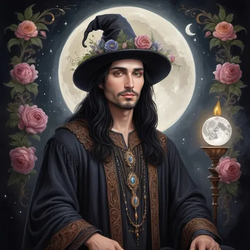 Prompt:  a painting of a dark headed saytr with a magical hat painted on it, magical ambiance, friendly, highly detailed digital painting, an ultrafine detailed painting.  Add Renaissance background.  Adorn with mystic florals.  Add moon influences