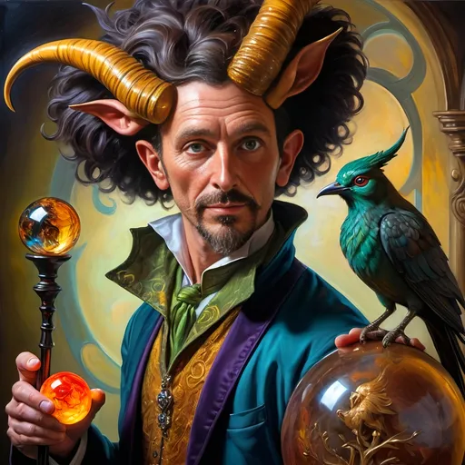 Prompt: (A fine art oil painting) by Seven Wonders Art Glass Studio, (magician man) with a (horned head), (bird on his shoulder), holding a cane and a glowing ball, inspired by Clint Cearley, (fantasy art), rich colors, intricate details, dramatic lighting, mystical atmosphere, character portrait emphasizing the essence of Pan and Nuit, ultra-detailed, vibrant background reflecting magical elements, imaginative and enchanting setting.