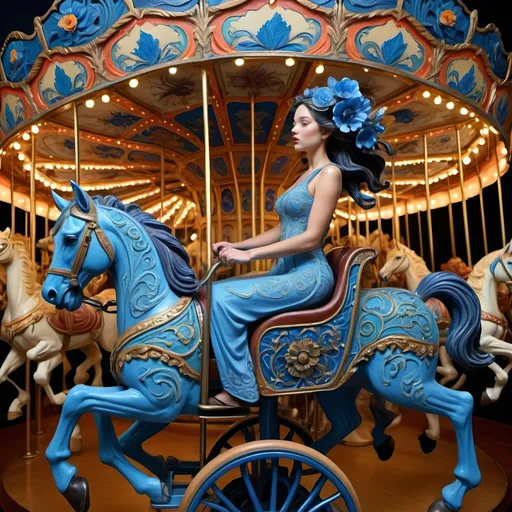 Prompt: (Carousel of Diversity), (Nuit Inspired), a woman in a wheelchair riding a vibrant carousel with intricately carved horses, (blue flower in her hair), ornate patterns and details exuding art nouveau style, (figurative art), (dystopian art) elements intertwined, rich vibrant colors blending harmoniously, highlighting emotion and strength, (ultra-detailed), (art deco sculpture references), whimsical yet somber atmosphere, magnificent dreamlike background with a pulsating creative energy...