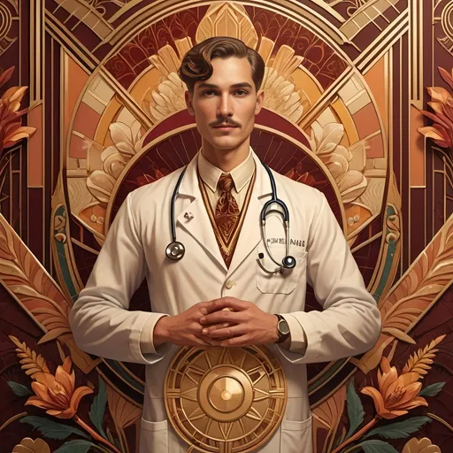 Prompt: Art Deco-style portrait, (transgender doctor), warm color scheme, richly detailed, elegant lines and geometric shapes, vintage aesthetic, symbolic motifs, showcasing the contributions to society, vibrant golds and deep reds, intricate background with floral elements, (highly stylized), soft lighting for a nostalgic atmosphere, celebrating identity and achievements, 4K, ultra-detailed.