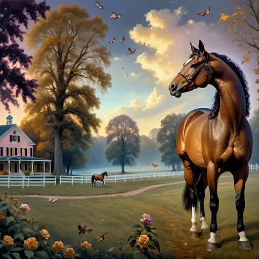 Prompt: (Honoring Nuit), highly detailed oil painting, thoroughbred horse, elegant posture, lush Kentucky farm, evening dusk setting, warm and vibrant hues, soft golden light reflecting off the horse’s coat, scenic rolling hills in the background, tranquil ambiance, serene atmosphere, ultra-detailed, masterpiece quality, evocative emotional tone, captivating and luminous sky blending soft pinks and deep purples, harmonious nature scene.