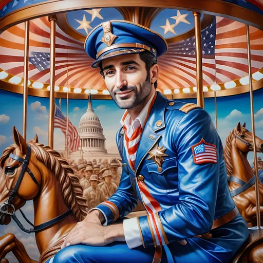 Prompt: (A Seven Wonders Art Glass Studio), oil renaissance painting, (vibrant colors), a man in military uniform, proudly riding on a Carousel of Heroes, surrounded by gracefully carved horses, soft, glowing ambiance, honoring veterans and those serving in the U.S. Military, warm golden lighting, intricate details in the uniform, carousel with richly adorned decorations, respectful atmosphere, high quality, ultra-detailed.